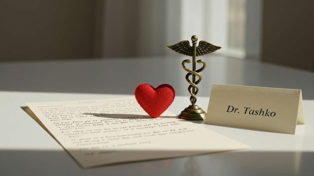 Dr. Tashko’s desk scene showing a heartfelt message to patients features a letter in soft sunlight beside a red heart, golden caduceus, and name card. The arrangement symbolizes compassionate care, medical integrity, and personal connection, inviting patients into a relationship grounded in trust, expertise, and whole-person commitment.