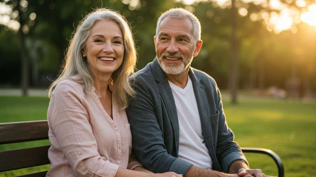 Dr. Tashko’s portrait of vibrant aging and metabolic wellness, featuring a couple seated on a park bench during golden hour. Their relaxed posture, bright smiles, and natural setting convey the benefits of hormonal balance, emotional connection, and preventive health strategies that promote vitality and graceful longevity in midlife and beyond.