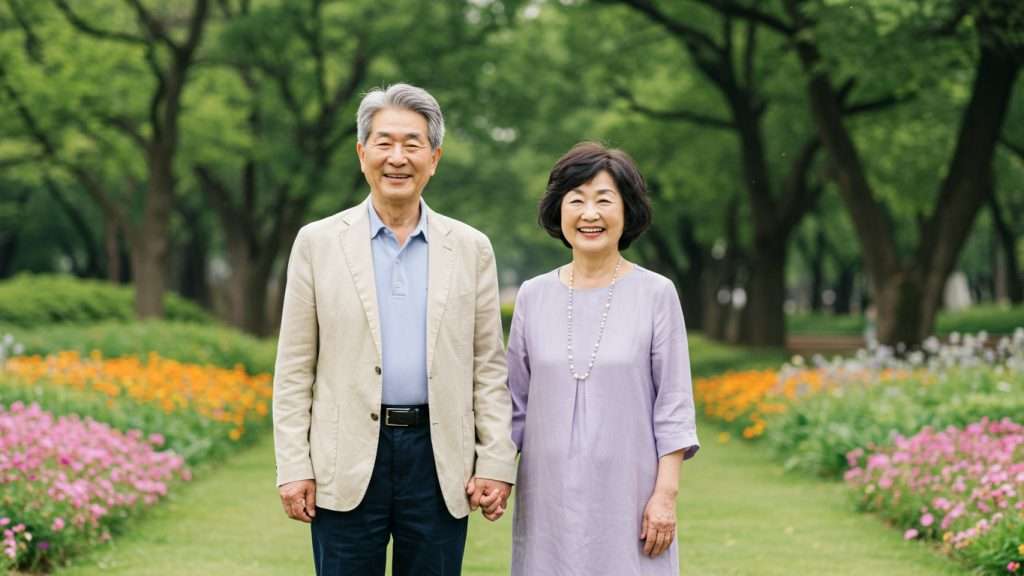 Dr. Tashko’s portrait of metabolic longevity features a smiling couple standing hand-in-hand in a lush garden walkway framed by blooming flowers and tree-lined symmetry. Their calm, confident expressions and upright posture reflect inner vitality, hormonal balance, and healthy aging—emphasizing the rewards of personalized, preventive care anchored in lifestyle and long-term wellness.
