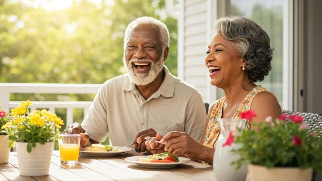 Dr. Tashko’s scene featuring a joyful older couple enjoying a healthy meal on a sunlit patio. Surrounded by blooming flowers and vibrant greenery, they share laughter over plates of salad and fruit. The bright, relaxed setting underscores the connection between wholesome nutrition, emotional well-being, and longevity in later life.