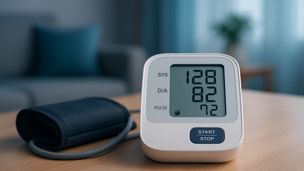 Dr. Tashko’s image of a digital blood pressure monitor shows a home reading of 128/82 mmHg with a pulse of 72 bpm. Positioned on a wooden table in a calm, softly lit room, the scene underscores the importance of tracking blood pressure in a natural setting to guide hypertension management and treatment decisions.