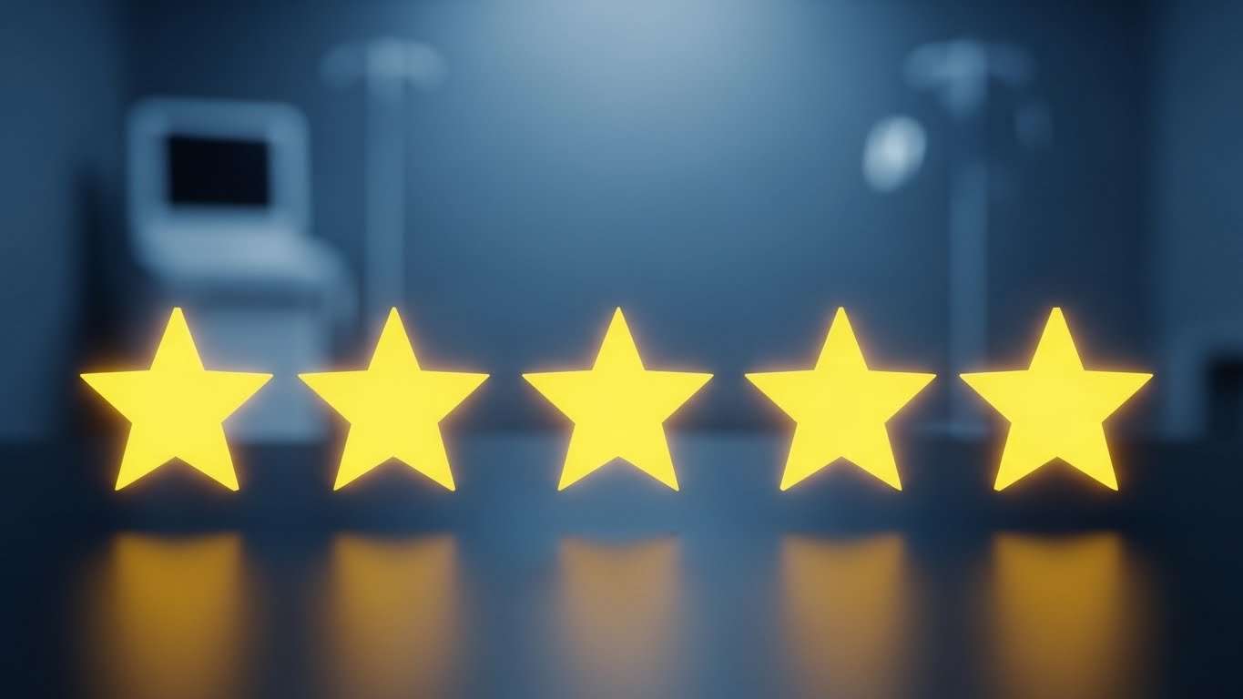 Dr. Tashko’s illustration of five glowing golden stars arranged in a row against a softly blurred medical setting. Silhouettes of equipment fade into a cool blue background while the bright stars reflect on a polished surface. The image evokes patient satisfaction, trust, and consistent high-quality care.