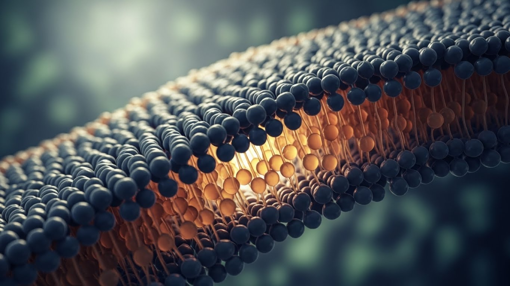 Dr. Tashko’s 3D infographic depicting a phospholipid bilayer structure central to lipid and cholesterol biology. The image shows densely packed lipid heads with hydrophobic tails forming a dynamic membrane, illustrating how cholesterol and triglycerides interact within cellular boundaries. Subtle lighting highlights membrane fluidity, lipid transport relevance, and the foundational role of lipid structure in metabolic and cardiovascular health.