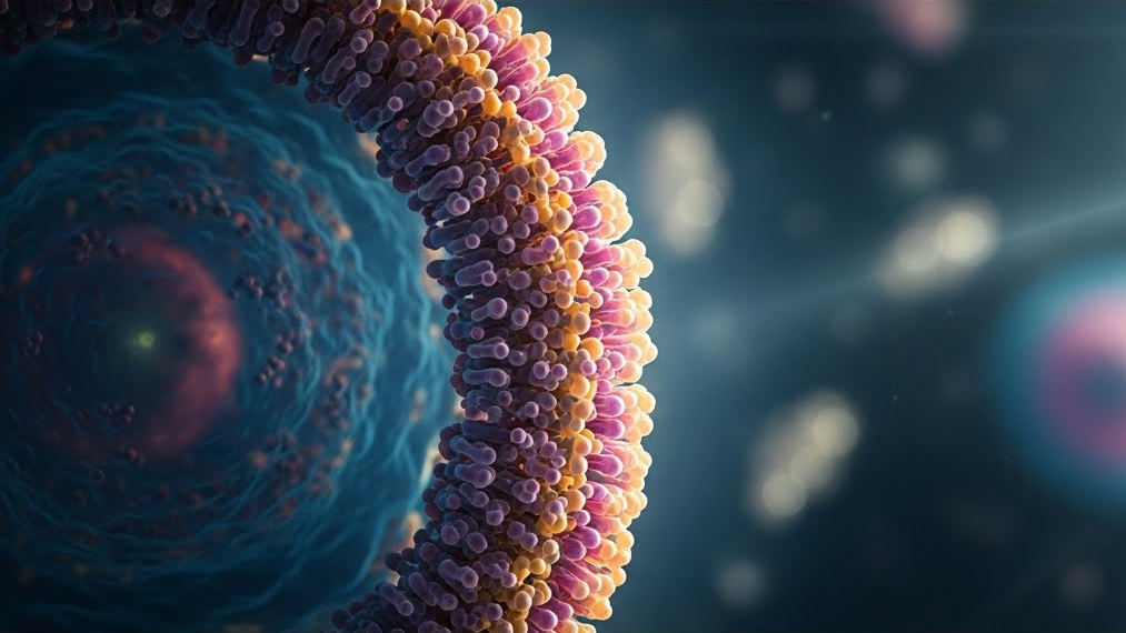 Dr. Tashko’s 3D scientific illustration depicting a cellular membrane interface used in advanced medical research and publications. The image highlights a curved lipid bilayer with densely packed membrane proteins surrounding a cell, emphasizing molecular organization, receptor activity, and signaling environments. Soft depth and lighting convey precision science, translational research, and the cellular foundations underlying modern medical articles.