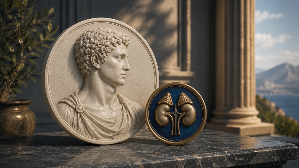 Dr. Tashko’s artistic rendering of a classical Greco Roman marble portrait displayed beside a refined adrenal gland and kidney emblem in deep blue and bronze tones. The scene features grand stone columns, soft Mediterranean light, and a distant coastal mountain landscape. The composition symbolizes endocrine balance, adrenal physiology, resilience, and the integration of ancient wisdom with modern metabolic and hormonal medicine.