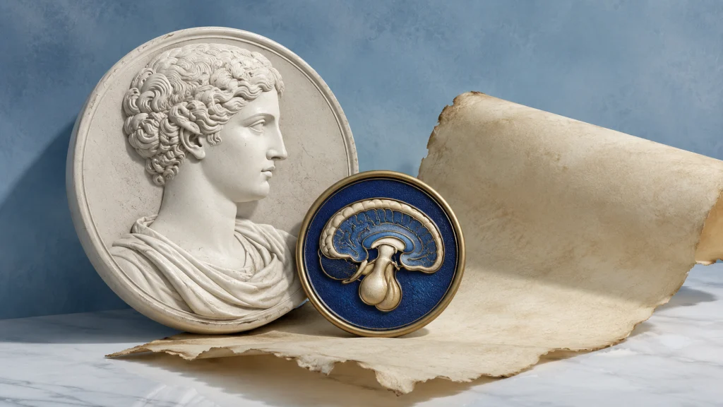 Dr. Tashko’s artistic rendering of ancient Greek intellectual heritage and neuroendocrine symbolism, featuring a classical marble profile medallion beside a deep blue anatomical cross section of the brain and pituitary gland. A partially unfurled parchment rests across a marble surface, while the soft blue background creates depth, elegance, and historical continuity between philosophy, medicine, and endocrine science.