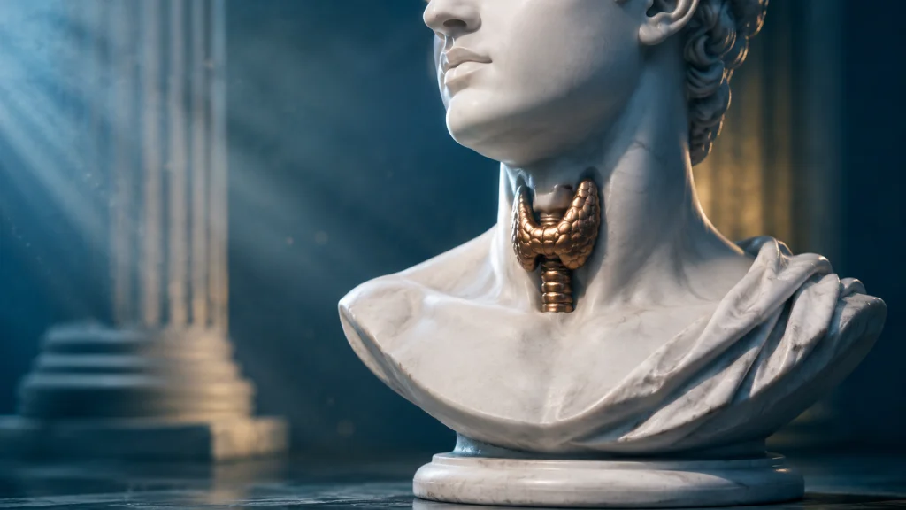Dr. Tashko’s artistic rendering of a classical marble bust with a glowing metallic thyroid gland embedded within the neck, symbolizing the fusion of ancient wisdom and modern endocrine science. Soft cinematic lighting, Greco-Roman columns, and cool blue tones create an elegant atmosphere emphasizing thyroid physiology, metabolism, and the enduring connection between human anatomy, history, and medical understanding.
