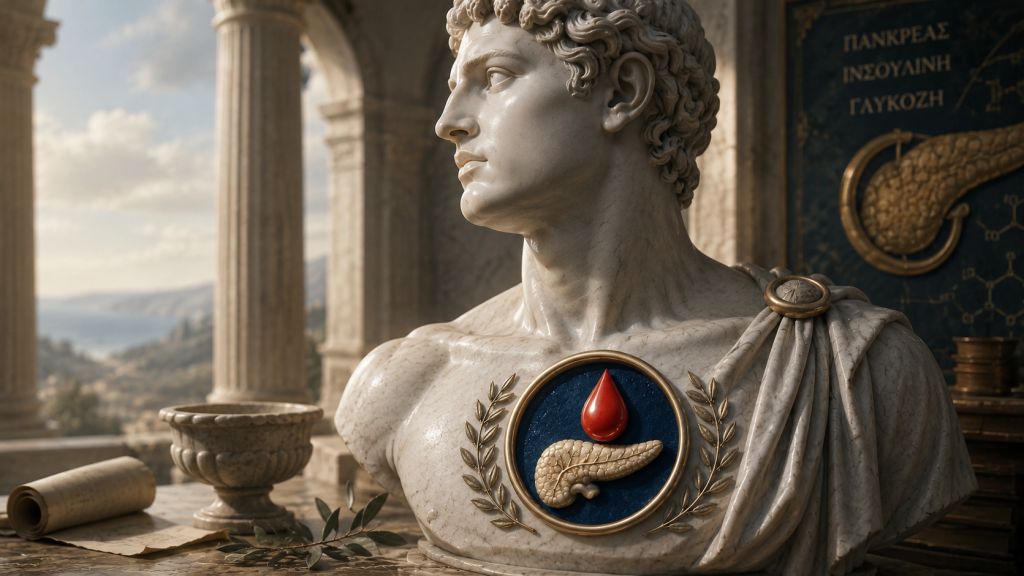 Dr. Tashko’s artistic rendering of a classical marble bust set within an ancient Greco Roman architectural scene, symbolizing metabolic medicine and diabetes physiology. A glowing emblem on the chest displays a pancreas beneath a red blood droplet, framed by laurel branches. In the background, Greek inscriptions reference insulin and glucose, while soft natural light and distant landscapes evoke wisdom, physiology, and enduring scientific inquiry.