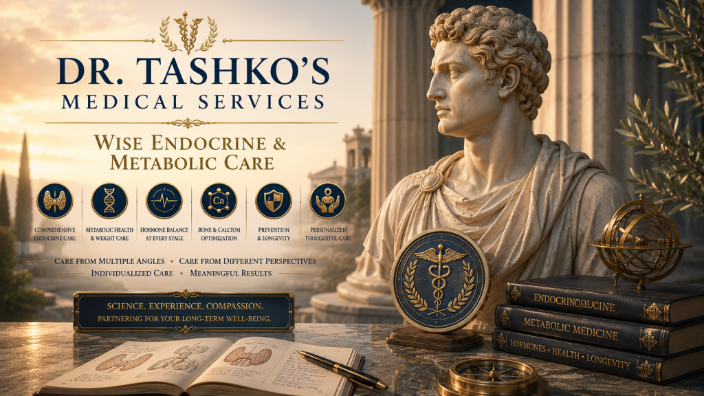Dr. Tashko’s classical medical services illustration featuring a Greco Roman marble physician surrounded by endocrine and metabolic symbolism in warm golden light. The composition includes thyroid and calcium diagrams, medical manuscripts, navigational instruments, and refined blue and gold endocrine emblems. The artwork emphasizes wise endocrine and metabolic care, prevention, longevity, individualized medicine, and the integration of science, experience, compassion, and timeless intellectual tradition.