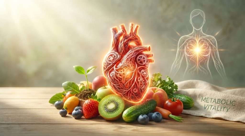 Dr. Tashko’s artistic rendering of metabolic vitality, featuring a glowing anatomical heart with intricate vascular and mechanical details surrounded by fresh fruits and vegetables on a wooden surface. Soft natural light creates warmth and balance, while a translucent human figure with radiant chest illumination symbolizes integrated cardiovascular and metabolic health. The composition conveys nutrition, longevity, prevention, and whole-body physiologic coherence.