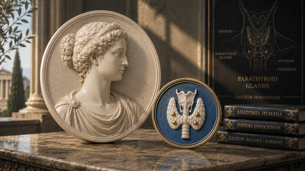 Dr. Tashko’s artistic rendering of parathyroid gland physiology through a classical Greco Roman aesthetic. A marble female profile sits beside a refined anatomical medallion showing the thyroid and parathyroid glands with highlighted calcium regulating nodules. The background includes endocrine anatomical sketches and medical texts emphasizing calcium homeostasis, endocrine harmony, and the connection between ancient intellectual traditions and modern metabolic medicine.