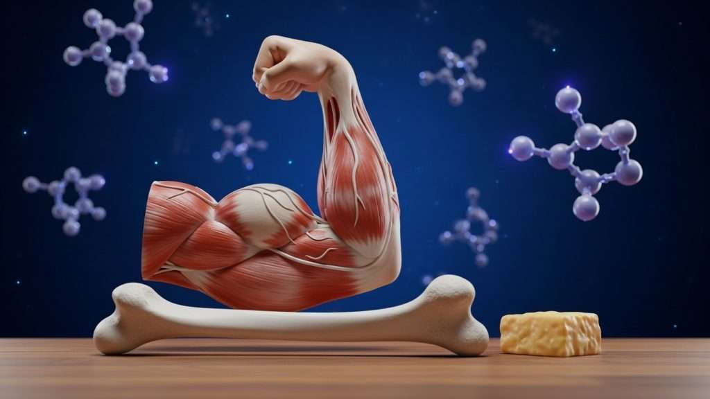 Dr. Tashko’s 3D infographic illustrating the relationship between skeletal muscle, bone health, and metabolic signaling. A detailed flexed arm muscle rests above a large bone against a deep blue background, while floating molecular structures symbolize hormones, protein synthesis, and cellular metabolism. A small cube resembling dietary protein or nutrient support reinforces themes of muscle preservation, strength, aging, and endocrine-driven metabolic resilience.