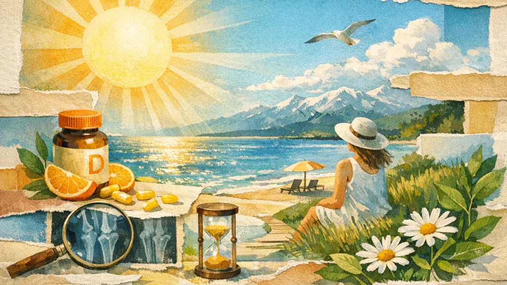 Dr. Tashko’s artistic rendering of vitamin D, sunlight, and long-term metabolic vitality through a serene coastal landscape. A glowing sun radiates across a mountain lake while a seated woman overlooks the shoreline, symbolizing wellness and circadian harmony. Vitamin D capsules, citrus slices, skeletal X-ray imagery, and an hourglass visually connect bone health, aging, immunity, and the passage of time within a calm, integrative natural setting.